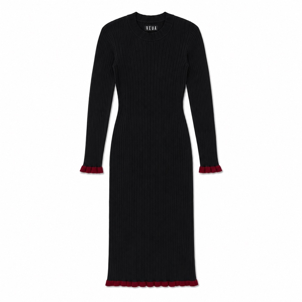 VEDA Black Rib Knit Midi Dress Red Ruffle Trim Long Sleeve Small